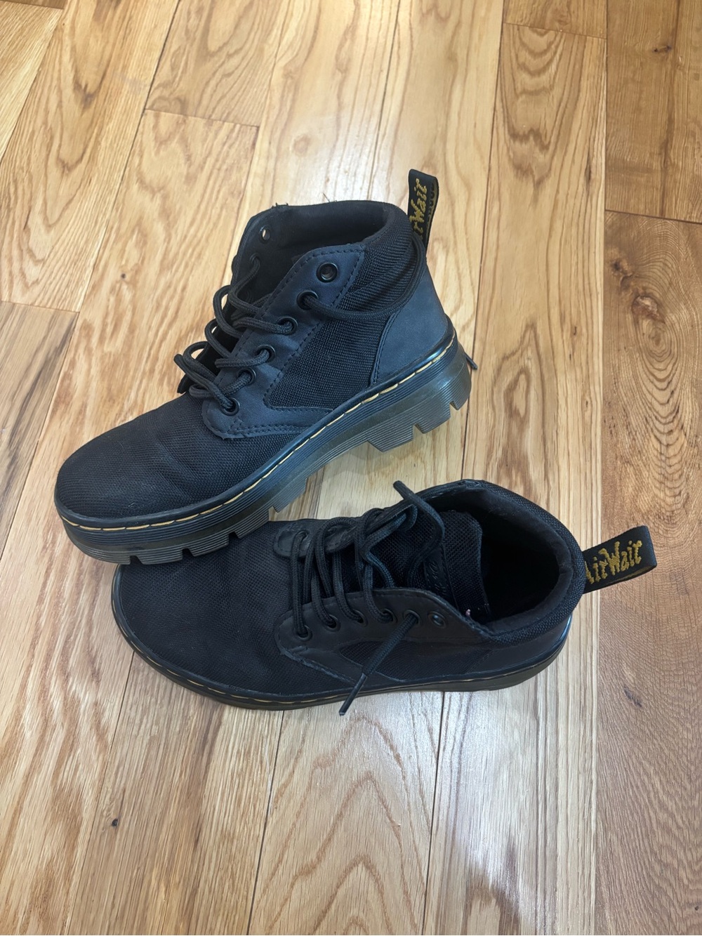 Dr. Martens Black Lace-Up Women's Ankle Boots with Yellow Heel Loop